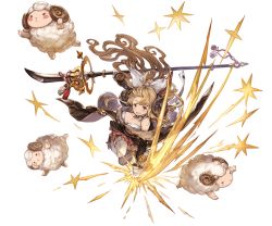 Rule 34 | 10s, 1girl, anila (granblue fantasy), bell, blonde hair, boots, bow, breasts, draph, full body, fur trim, gloves, granblue fantasy, horns, large bow, large breasts, long coat, long hair, minaba hideo, miniskirt, naginata, official art, polearm, sheep, sheep horns, skirt, smile, solo, spear, star (symbol), thighhighs, transparent background, weapon, yellow eyes