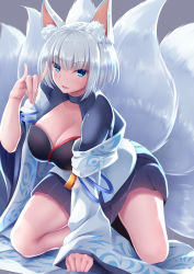 Rule 34 | 1girl, \m/, absurdres, animal ears, azur lane, black neckwear, blue eyes, breasts, choker, cleavage, commentary request, fox ears, fox shadow puppet, fox tail, highres, japanese clothes, kaga (azur lane), kneeling, large breasts, looking at viewer, multiple tails, nicoby, open mouth, short hair, tail, white hair, wide sleeves