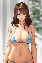 Rule 34 | 1girl, arms at sides, bikini, blue bikini, blurry, blurry background, breasts, brown hair, cleavage, closed mouth, depth of field, expressionless, highres, houtengeki, large breasts, looking at viewer, medium hair, navel, original, red eyes, sidelocks, solo, stomach, string bikini, swimsuit