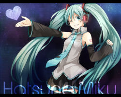 Rule 34 | 1girl, aqua eyes, aqua hair, character name, detached sleeves, grin, hatsune miku, headset, heart, letterboxed, long hair, necktie, one eye closed, outstretched hand, skirt, smile, solo, tama (songe), thighhighs, twintails, very long hair, vocaloid, wink