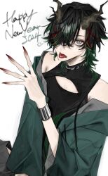 Rule 34 | 1boy, 2024, bare shoulders, black hair, bracelet, character request, copyright request, hair over one eye, happy new year, highres, jacket, jewelry, new year, oxo 00, red nails, short hair, simple background, sleeveless, solo, tongue, tongue out, white background, yellow eyes