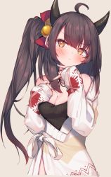 Rule 34 | 1girl, ahoge, azur lane, bare shoulders, black hair, blush, breasts, cleavage, closed mouth, commentary request, eip (pepai), head tilt, horns, isuzu (azur lane), isuzu (cozy christmas eve) (azur lane), light frown, long sleeves, looking at viewer, medium breasts, medium hair, off shoulder, one side up, oni horns, orange eyes, sleeves past wrists, solo, sweater