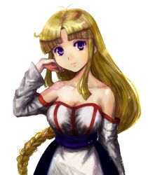 Rule 34 | 1girl, arc the lad, arc the lad ii, bad id, bad pixiv id, blonde hair, blush, braid, breasts, cleavage, dress, large breasts, lieza (arc the lad), light smile, long hair, open mouth, rabihiko, smile, solo