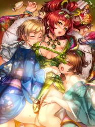 Rule 34 | 3girls, alcohol, birthmark, blonde hair, blush, breasts, brown hair, doll, drunk, embarrassed, closed eyes, female focus, highres, jairou, japanese clothes, jewelry, kimono, large breasts, long hair, looking at viewer, mole, multiple girls, necklace, open mouth, original, petals, red hair, ribbon, sake, short hair, sideboob, sleeping, smile, surprised, traditional clothes, yellow eyes