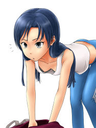 Rule 34 | 1girl, bag, bent over, blue hair, bra, breasts, downblouse, face, idolmaster, idolmaster (classic), kenbou, kisaragi chihaya, lingerie, long hair, nipple slip, nipples, simple background, small breasts, solo, standing, underwear, white background