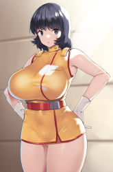 Rule 34 | 1girl, :o, bare shoulders, belt, black eyes, black hair, breasts, covered navel, cowboy shot, curvy, dress, fa yuiry, gloves, gundam, hands on own hips, highres, huge breasts, looking at viewer, medium hair, nagase haruhito, open mouth, orange dress, original, short dress, sleeveless, sleeveless dress, solo, sunlight, taut clothes, taut dress, thick thighs, thighs, turtleneck, white gloves, zeta gundam