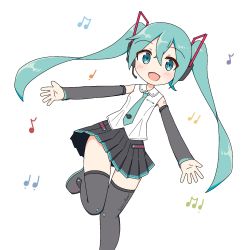 Rule 34 | 1girl, :d, beamed eighth notes, black skirt, blush, boots, collared shirt, commentary request, detached sleeves, dutch angle, eighth note, green eyes, green hair, green necktie, grey footwear, grey sleeves, grey thighhighs, hair between eyes, hair ornament, hatsune miku, headphones, headset, highres, ichi (ichi.colors), long hair, long sleeves, looking at viewer, musical note, necktie, open mouth, outstretched arms, pleated skirt, quarter note, shirt, sidelocks, simple background, skirt, sleeveless, sleeveless shirt, smile, solo, standing, standing on one leg, thigh boots, thighhighs, twintails, very long hair, vocaloid, white background, white shirt