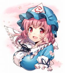 Rule 34 | 1girl, arm garter, black bow, black ribbon, blue bow, blue hat, blue kimono, blush, bow, breasts, center frills, cherry blossoms, close-up, cropped torso, frilled kimono, frills, gradient background, hair between eyes, hat, highres, japanese clothes, kapuchii, kimono, long sleeves, looking at viewer, mob cap, neck ribbon, open mouth, pink hair, portrait, red eyes, ribbon, saigyouji yuyuko, short hair, smile, solo, touhou, triangular headpiece, upper body, wavy hair, white background