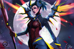 Rule 34 | 1girl, absurdres, black hair, bodysuit, breasts, copyright name, cowboy shot, dark persona, demon horns, demon tail, devil mercy, facial mark, forehead mark, full moon, glowing, glowing wings, highres, holding, holding staff, horns, jessica ong, lips, logo, looking at viewer, mechanical wings, mercy (overwatch), moon, night, night sky, nose, official alternate costume, orange wings, outdoors, overwatch, overwatch 1, ponytail, purple eyes, revision, sky, small breasts, solo, spread wings, staff, tail, wings