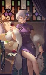 Rule 34 | 1girl, absurdres, breasts, china dress, chinese clothes, crazy ones, cup, dress, earrings, flower, grey hair, hair between eyes, highres, holding, holding cup, jewelry, large breasts, looking at viewer, official art, purple dress, red eyes, red flower, red rose, rose, sitting, solo, table, xia bing (crazy ones)