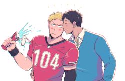 Rule 34 | 2boys, american football uniform, bertolt hoover, black hair, blonde hair, blue shirt, blush, closed mouth, couple, cup, disposable cup, hand on another&#039;s hip, holding, holding cup, imminent kiss, looking at viewer, male focus, midooka (o k k), multiple boys, red shirt, reiner braun, shingeki no kyojin, shirt, short hair, sportswear, upper body, white background, wristband, yaoi