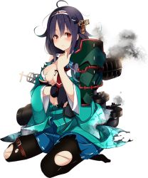 Rule 34 | 1girl, ahoge, arrow (projectile), black gloves, black pantyhose, blue skirt, blush, body blush, bow (weapon), breasts, cleavage, damaged, floral print, full body, gloves, hair flaps, hair ornament, hairband, kantai collection, kujou ichiso, large breasts, long hair, long sleeves, low twintails, machinery, muneate, no shoes, official art, pantyhose, partially fingerless gloves, partly fingerless gloves, pleated skirt, purple hair, quiver, ryuuhou (kancolle), ryuuhou kai (kancolle), ryuuhou kai ni (kancolle), single glove, sitting, skirt, smoke, solo, taigei (kancolle), thigh strap, torn clothes, torn pantyhose, transparent background, turret, twintails, weapon, whale, whale hair ornament, wide sleeves, yugake