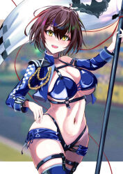 Rule 34 | 1girl, :d, ahoge, arm up, azur lane, baltimore (azur lane), baltimore (finish line flagbearer) (azur lane), bikini, black bikini, black choker, blue bikini, blue footwear, blue jacket, blue shorts, boots, braid, breasts, bridal garter, brown hair, chest harness, choker, cleavage, collarbone, commentary, cowboy shot, cropped jacket, flag, french braid, hair between eyes, harness, highleg, highleg bikini, holding, holding pole, jacket, large breasts, looking at viewer, micro shorts, mismatched bikini, mitsuhanako, navel, off shoulder, official alternate costume, open mouth, pole, race queen, revision, short hair, shorts, sidelocks, single bare shoulder, skindentation, smile, solo, standing, stomach, swimsuit, teeth, thigh boots, underboob, underbust, upper teeth only, yellow eyes