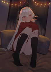 Rule 34 | 1girl, absurdres, bed sheet, beijuu, black socks, blush, bow, censored, closed mouth, cup, drinking glass, earrings, girls&#039; frontline, hair between eyes, hair bow, half-closed eyes, highres, holding, holding cup, indoors, jewelry, kneehighs, knees up, long hair, looking at viewer, mosaic censoring, no shoes, pillow, pussy, red eyes, red sweater, silver hair, sitting, sleeves past wrists, smile, socks, solo, string of light bulbs, stud earrings, sweater, tokarev (girls&#039; frontline), twitter username