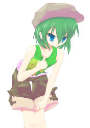 Rule 34 | 00s, 1girl, bent over, blue eyes, female focus, green hair, hat, hexa, iwasaki minami, lucky star, shorts, simple background, solo, standing, tagme, white background