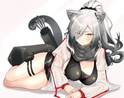 Rule 34 | 1girl, animal ears, arknights, arrow (projectile), bag, black scarf, black shorts, breasts, cat ears, cat tail, cleavage, commentary, hair over one eye, highres, jacket, large breasts, long hair, long sleeves, looking at viewer, lying, on side, ponytail, pouch, poyano, quiver, scarf, schwarz (arknights), short shorts, shorts, silver hair, smile, solo, tail, thigh strap, thighs, white background, white jacket, yellow eyes
