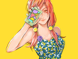 Rule 34 | 1girl, blue nails, breasts, closed mouth, collarbone, commentary request, hair bobbles, hair ornament, hirose yasuho, holding, jojo no kimyou na bouken, jojolion, long hair, looking at viewer, medium breasts, mizudama, pink eyes, pink hair, simple background, smile, solo, yellow background