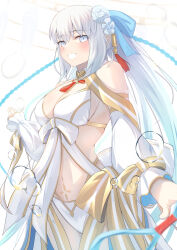 Rule 34 | 1girl, bare shoulders, bikini, blue eyes, blue hair, braid, breasts, cleavage, detached sleeves, fate/grand order, fate (series), flower, french braid, gold trim, hair flower, hair ornament, hair ribbon, highres, large breasts, long hair, long skirt, long sleeves, looking at viewer, morgan le fay (fate), morgan le fay (water princess) (fate), navel, ponytail, puffy long sleeves, puffy sleeves, revision, ribbon, sidelocks, skirt, smile, solo, stomach tattoo, swimsuit, tattoo, thighlet, twin braids, umi endu, very long hair, white bikini, white hair, white skirt