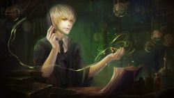 Rule 34 | 1boy, bad id, bad pixiv id, blonde hair, book, cloak, draco malfoy, felice, frog, green theme, harry potter (series), magic, male focus, necktie, realistic, solo, wand, wizarding world