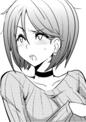Rule 34 | 1girl, blush, breasts, choker, collarbone, earrings, greyscale, jewelry, large breasts, long sleeves, monochrome, okyou, ribbed shirt, shirt, short hair, solo, the king of fighters, whip (kof)