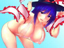 Rule 34 | 1girl, bare legs, bent over, black hat, blue background, blue hair, bow, breasts, cleavage, covered erect nipples, cowboy shot, gradient background, hat, hat bow, highres, large breasts, leaning forward, looking at viewer, nagae iku, nyogorajima, one-piece swimsuit, red bow, red eyes, shawl, slingshot swimsuit, solo, swimsuit, touhou, white background, white one-piece swimsuit