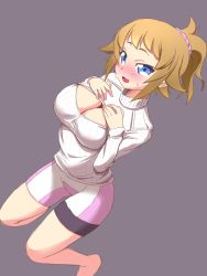 Rule 34 | 10s, 1girl, bike shorts, blue eyes, blush, breasts, brown hair, cleavage, cleavage cutout, clothing cutout, gundam, gundam build fighters, gundam build fighters try, highres, hoshino fumina, large breasts, meme attire, nekono matatabi, open-chest sweater, ponytail, scrunchie, solo, sweatdrop, sweater, turtleneck