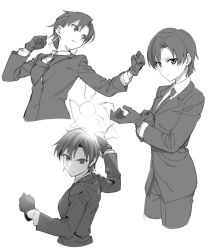 Rule 34 | 1girl, adjusting clothes, adjusting gloves, bad id, bad twitter id, bazett fraga mcremitz, clenched hands, earrings, fate/hollow ataraxia, fate (series), formal, gloves, greyscale, jewelry, kinosuke (sositeimanoga), monochrome, multiple views, punching, serious, short hair, suit, upper body