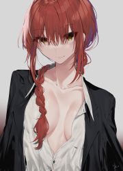 Rule 34 | 1girl, absurdres, braid, braided ponytail, breasts, breasts apart, business suit, chainsaw man, collarbone, formal, hair between eyes, hair over shoulder, highres, kaa-san, long hair, looking at viewer, makima (chainsaw man), medium breasts, no bra, open clothes, red hair, solo, suit, upper body