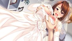Rule 34 | 1boy, 1girl, blush, grabbing another&#039;s breast, breasts, breasts out, bridal veil, bride, brown hair, disembodied hand, dress, earrings, elbow gloves, game cg, gloves, grabbing, hozumi kaoru, huge breasts, ichinose natsumi, ichinose subaru, itsu made mo musuko no mama ja irarenai!, jewelry, lactation, looking at viewer, mature female, milk, nipples, open mouth, red eyes, short hair, solo focus, standing, veil, wedding dress