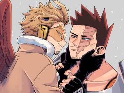Rule 34 | 2boys, :i, adam&#039;s apple, armor, black gloves, blonde hair, blue eyes, boku no hero academia, brown jacket, closed mouth, collarbone, commentary request, endeavor (boku no hero academia), eye contact, facial hair, facial mark, feathered wings, fingerless gloves, fingernails, fur-trimmed gloves, fur-trimmed jacket, fur trim, gloves, goggles, half-closed eyes, hands on another&#039;s cheeks, hands on another&#039;s face, hawks (boku no hero academia), headphones, high collar, holding another&#039;s wrist, jacket, light smile, looking at another, male focus, miso (mimimiso), multiple boys, pauldrons, red hair, red wings, scar, scar across eye, scar on face, short hair, shoulder armor, sideburns, spiked hair, stubble, sweatdrop, tinted eyewear, wings, yaoi, yellow-tinted eyewear, yellow eyes