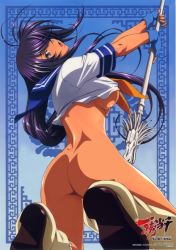 Rule 34 | 00s, 1girl, ass, back, blue eyes, blue gloves, bottomless, breasts, dark skin, dark-skinned female, female focus, fingerless gloves, gloves, highres, ikkitousen, kan&#039;u unchou, large breasts, long hair, nude filter, open mouth, polearm, purple hair, pussy, solo, spear, third-party edit, uncensored, underboob, weapon
