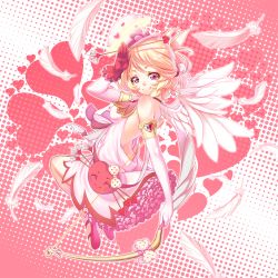 Rule 34 | 1girl, angel, blonde hair, bow, bow (weapon), cupid, dress, elbow gloves, feathers, gloves, halo, hat, heart, heart-shaped pupils, highres, lucknight, original, pink eyes, pink theme, short hair, solo, symbol-shaped pupils, top hat, weapon, wings