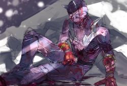 Rule 34 | 1boy, arm support, belt, blood, blood on clothes, bodysuit, chikichi, defeat, from side, gloves, helmet, kamen rider, kamen rider hibiki, kamen rider hibiki (series), knee up, leaning back, male focus, purple bodysuit, red gloves, sitting, sketch, solo, spikes, vambraces