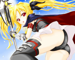 Rule 34 | 00s, 1girl, :o, arm strap, armband, ass, bad id, bad pixiv id, bardiche (assault form) (nanoha), bardiche (nanoha), belt bra, black gloves, blonde hair, blue sky, breasts, buckle, cowboy shot, day, dutch angle, fate testarossa, fate testarossa (lightning form), floating hair, foreshortening, from below, from side, gauntlets, gloves, gradient background, hair ribbon, halberd, holding, holding weapon, leotard, long hair, looking at viewer, looking back, lyrical nanoha, magical girl, mahou shoujo lyrical nanoha, mahou shoujo lyrical nanoha a&#039;s, miniskirt, outdoors, outline, panties, pantyshot, pleated skirt, polearm, red eyes, ribbon, sidelocks, skirt, sky, small breasts, solo, sun, surprised, thighhighs, twintails, underwear, upskirt, vambraces, violetshit, weapon