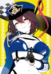 Rule 34 | 1girl, azur lane, baltimore (azur lane), baltimore (finish line flagbearer) (azur lane), between breasts, bikini, black gloves, blue bikini, blue hat, blue jacket, breasts, brown hair, cleavage, collarbone, cropped jacket, gloves, hair between eyes, hat, highres, hino tomoyuki, jacket, large breasts, light blush, light smile, looking at viewer, medium hair, midriff, multiple straps, navel, official alternate costume, open clothes, open jacket, parted lips, police hat, race queen, skindentation, solo, stomach, strap, swimsuit, teeth, underboob, upper body, yellow background, yellow eyes