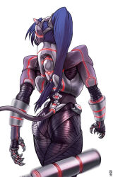 Rule 34 | 1girl, absurdres, armor, arms at sides, ass, blue hair, claws, des (desvitio), glowing, highres, horns, long hair, mecha, mechanical spine, original, ponytail, robot, science fiction, simple background, solo, standing, swept bangs, thighs
