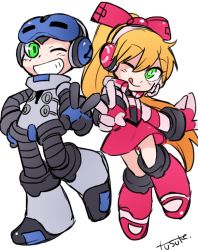 Rule 34 | 1boy, 1girl, armor, beck (mighty no. 9), blonde hair, boots, call (mighty no. 9), call f, dress, fingerless gloves, gloves, green eyes, hairband, headphones, helmet, jacket, long hair, mighty no. 9, one eye closed, ponytail, ribbon, shirt, simple background, white background, wink