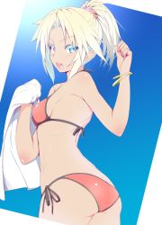 Rule 34 | 1girl, arm up, ass, bare arms, bikini, blue eyes, blush, bracelet, breasts, cowboy shot, fate/apocrypha, fate/grand order, fate (series), from behind, hair ornament, hair scrunchie, halterneck, holding, jewelry, looking at viewer, medium breasts, mordred (fate), mordred (fate) (all), mordred (fate/apocrypha), mordred (swimsuit rider) (fate), mordred (swimsuit rider) (first ascension) (fate), nirap, open mouth, ponytail, red bikini, scrunchie, side-tie bikini bottom, solo, string bikini, swimsuit, white hair