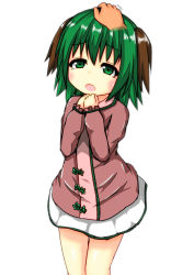 Rule 34 | 1girl, animal ears, bad id, bad pixiv id, brown dress, cowboy shot, disembodied hand, dog ears, dress, green hair, headpat, kasodani kyouko, long sleeves, looking at viewer, nyt (nagane), open mouth, own hands together, short hair, simple background, skirt, standing, touhou, white background, white skirt