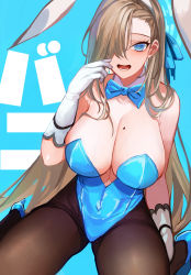 Rule 34 | 1girl, animal ears, asuna (blue archive), asuna (bunny) (blue archive), bare shoulders, blue archive, blue eyes, blue leotard, blush, bow, bowtie, breasts, brown pantyhose, cleavage, detached collar, elbow gloves, fake animal ears, gloves, hair over one eye, halo, high heels, highleg, highleg leotard, highres, large breasts, leotard, light brown hair, long hair, looking at viewer, mole, mole on breast, open mouth, pantyhose, playboy bunny, pupps, rabbit ears, sitting, solo, strapless, strapless leotard, thighs, traditional bowtie, wariza, white gloves