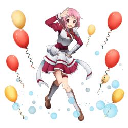 Rule 34 | 1girl, :d, arm up, armor, armored boots, boots, breastplate, brown footwear, dress, frilled dress, frills, full body, gauntlets, hair ornament, hairclip, knee boots, lisbeth (sao), neck ribbon, open mouth, pink hair, pleated dress, red dress, red eyes, red ribbon, ribbon, salute, short dress, short hair, smile, solo, striped ribbon, sword art online, thigh strap, transparent background