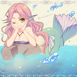 Rule 34 | 1girl, breasts, chiyu (silverxxxx), cleavage, fins, head fins, jewelry, long hair, medium breasts, mermaid, monster girl, necklace, one eye closed, red hair, rock, smile, solo, the little mermaid, the little mermaid (andersen), water, wink, yellow eyes