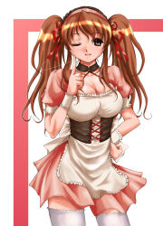 Rule 34 | 00s, 1girl, asahina mikuru, breasts, brown eyes, brown hair, cleavage, corset, koucha (silver spoon), large breasts, long hair, official alternate hairstyle, one eye closed, solo, suzumiya haruhi no yuuutsu, thighhighs, twintails, waitress, wink