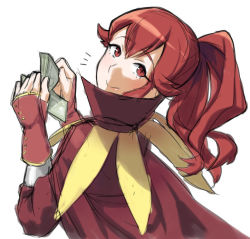 Rule 34 | 1girl, ^^^, anna (fire emblem), fingerless gloves, fire emblem, fire emblem awakening, from behind, gloves, holding, long hair, looking back, money, nintendo, ponytail, popped collar, red eyes, red gloves, red hair, shaft look, simple background, smile, solo, wakai hiroshi, white background