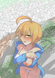 Rule 34 | 100 percent orange juice, 1girl, ahoge, alternate costume, bikini, bikini top lift, blonde hair, blue hoodie, blush, breasts, chilled letter, clothes lift, commentary request, cowboy shot, embarrassed, highres, hood, hoodie, large breasts, long sleeves, looking at viewer, navel, nipples, official alternate costume, one-piece swimsuit, open clothes, open mouth, saki (orange juice), short hair, suguri, swimsuit, underwear, white one-piece swimsuit, yellow eyes