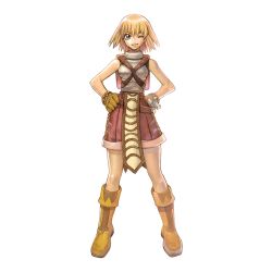Rule 34 | 1girl, 2000s (style), armor, backpack, bag, blonde hair, boots, breastplate, brown footwear, brown gloves, brown shorts, full body, gloves, grey eyes, grin, highres, looking at viewer, medium bangs, myung-jin lee, novice (ragnarok online), official art, one eye closed, ragnarok online, short hair, shorts, simple background, smile, solo, standing, tachi-e, transparent background