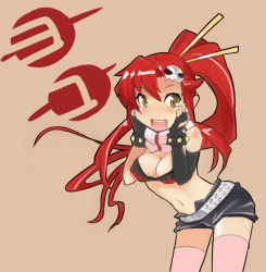 Rule 34 | 00s, 1girl, :d, blush, breasts, cleavage, eu03, face, hands on own cheeks, hands on own face, large breasts, long hair, midriff, navel, open mouth, red hair, scarf, short shorts, shorts, smile, solo, tengen toppa gurren lagann, thighhighs, yellow eyes, yoko littner