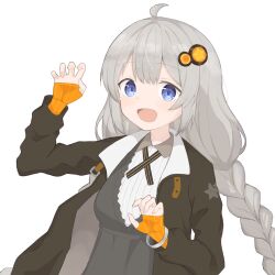Rule 34 | 1girl, ahoge, anmitsu kina, black jacket, blue eyes, bracelet, braid, breasts, claw pose, collared dress, commentary, cross tie, dress, fingerless gloves, gloves, grey dress, grey hair, hair ornament, hand up, highres, jacket, jewelry, kizuna akari, long hair, long sleeves, looking at viewer, low twin braids, open clothes, open jacket, open mouth, orange gloves, simple background, small breasts, solo, twin braids, vocaloid, voiceroid, white background
