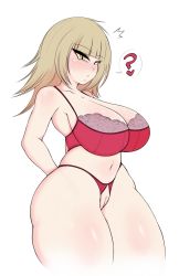Rule 34 | 1girl, ?, absurdres, blonde hair, blunt bangs, blush, boku no hero academia, bra, breasts, cleavage, cleft of venus, collarbone, curvy, hair down, highres, large breasts, long hair, looking at viewer, navel, panties, pussy, saltyxodium, solo, stomach, thick thighs, thighs, toga himiko, uncensored, underwear, white background, wide hips, yellow eyes