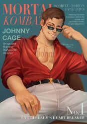 Rule 34 | 1boy, absurdres, bara, belt, black belt, brown hair, chest tattoo, collared shirt, cover, english text, fake magazine cover, highres, jewelry, johnny cage, large pectorals, magazine cover, male focus, mindiearts, mortal kombat (series), mortal kombat 1 (2023), multiple rings, muscular, muscular male, pants, pectorals, red shirt, ring, shirt, short hair, sitting, smile, solo, sunglasses, tattoo, teeth, white pants